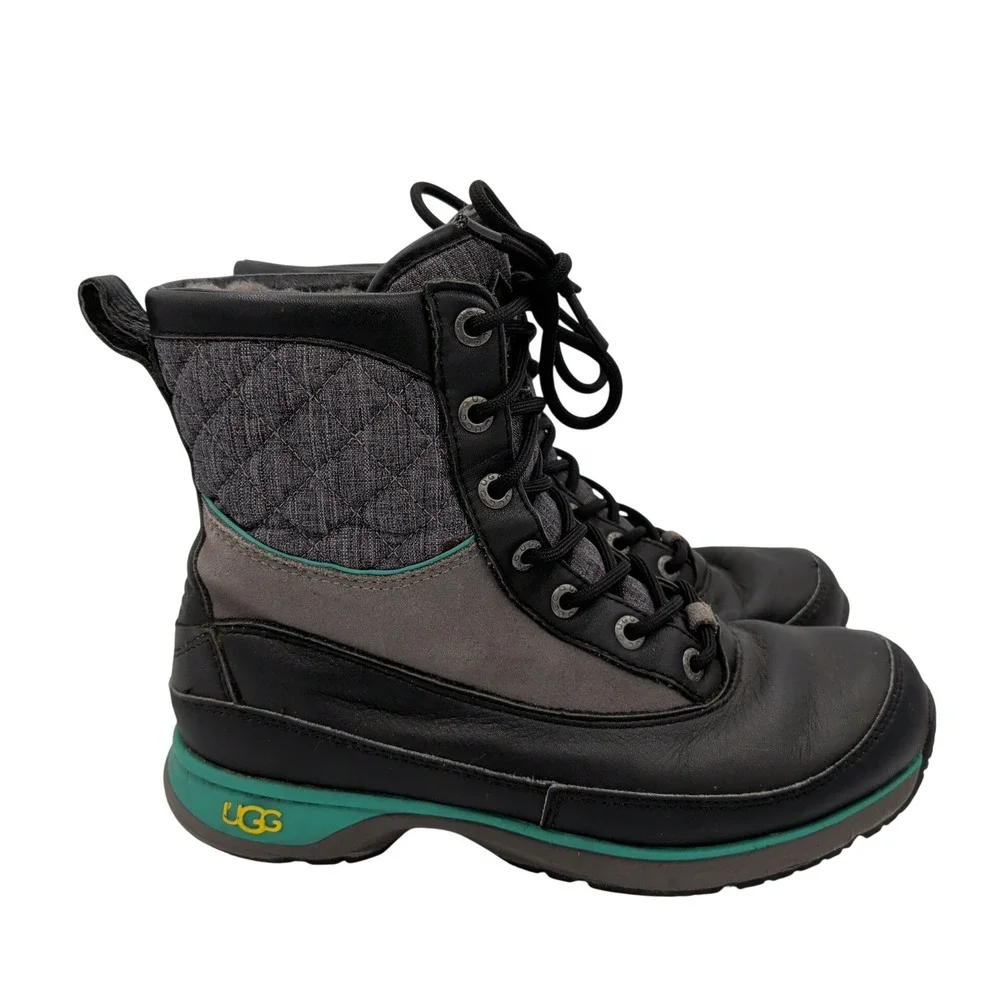 UGG Carora Waterproof Black Teal Leather Winter Boots 1005625 Womens 7.5